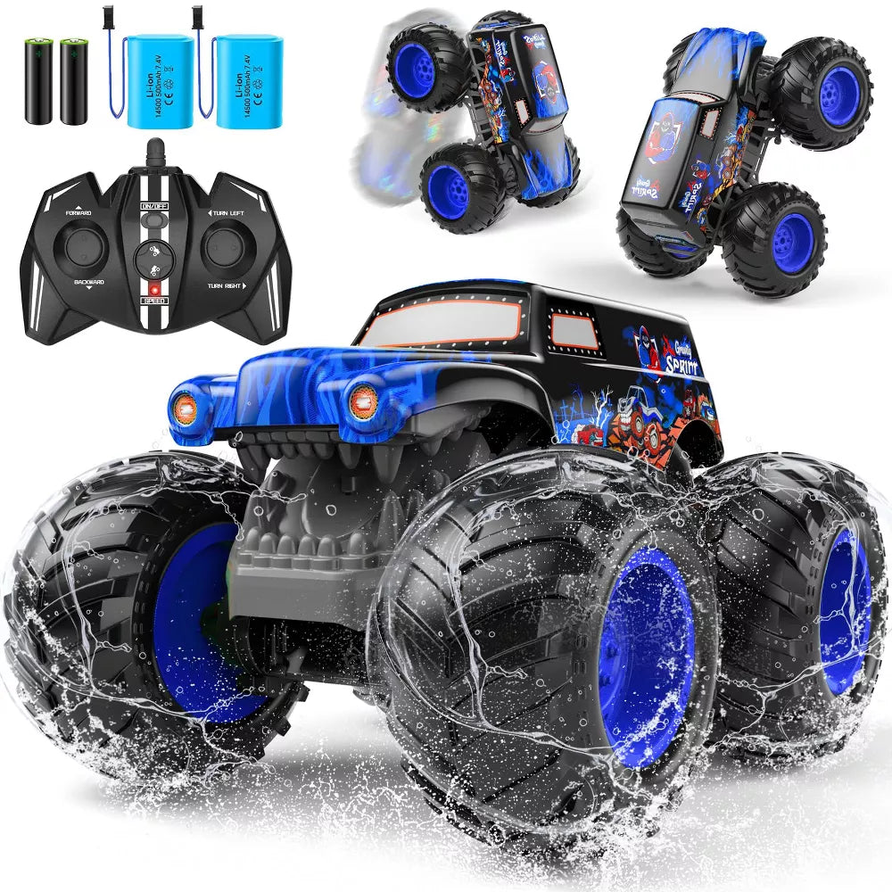 TITQWOP 1:14 Waterproof Remote Control Car,Front & Rear Wheelie Monster Truck,Amphibious RC Truck with 2 Sets of Rechargeable Batteries
