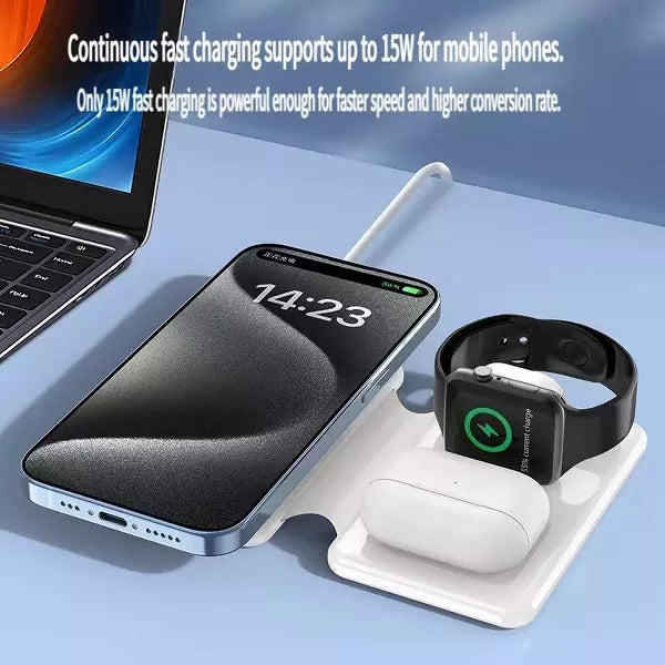 G910 Foldable 3-in-1 Wireless Charging Station, 15W Fast Charger for Phone Watch Earbuds, Compact Travel Design, Heat Safe,Black