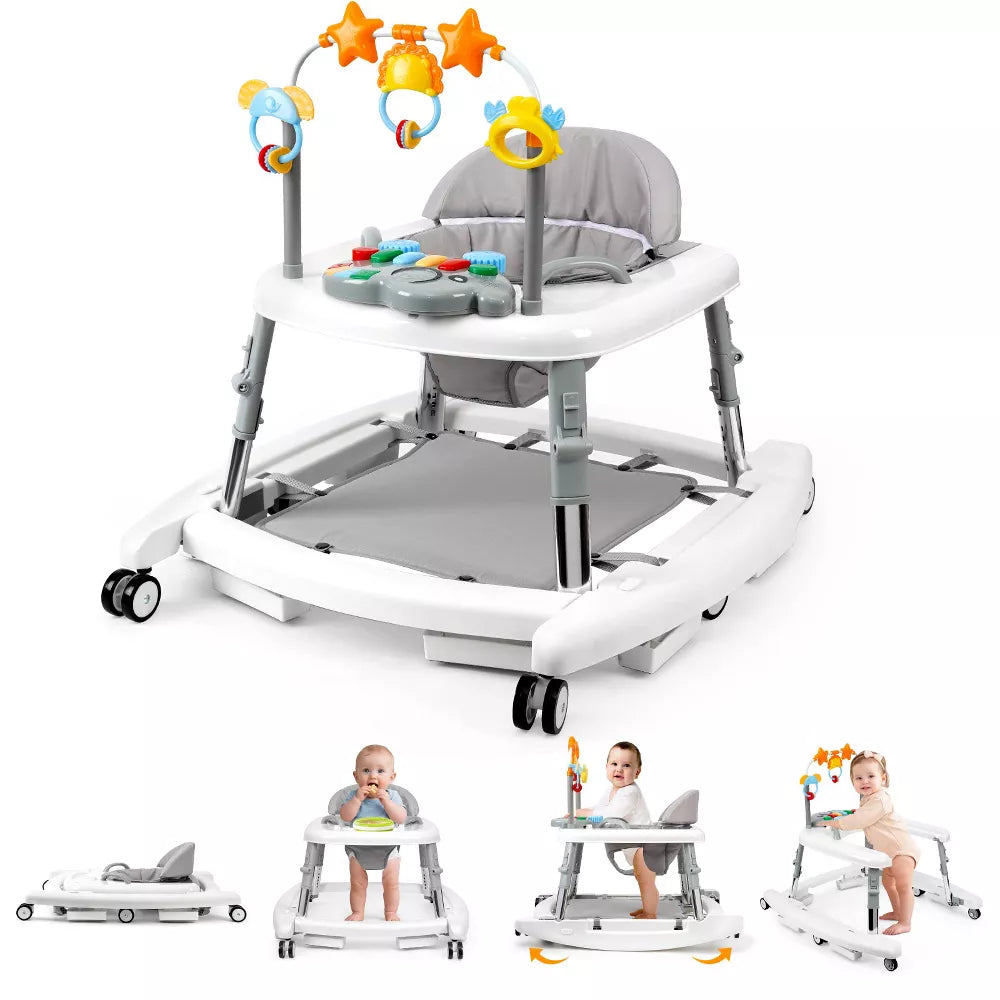 5-in-1 Baby Walker, Foldable Adjustable Activity Walker with Bouncer, Music, Toys, Feeding Tray for 6-18 Months