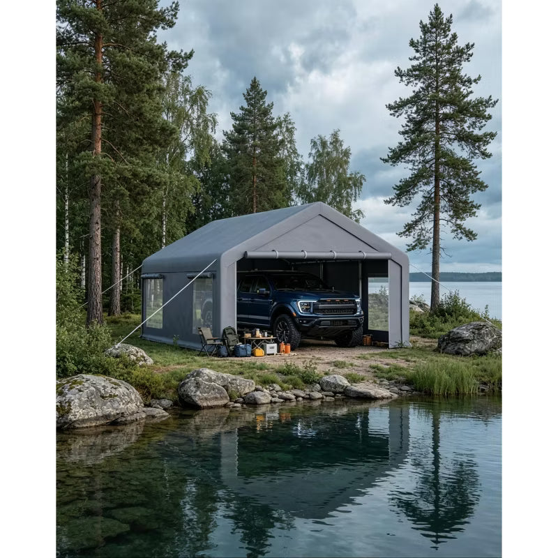 12x20 ft Portable Heavy Duty Carport Garage, 200g PE Canopy with Roll-Up Doors & Windows, Outdoor Storage Shelter for Vehicles & Events