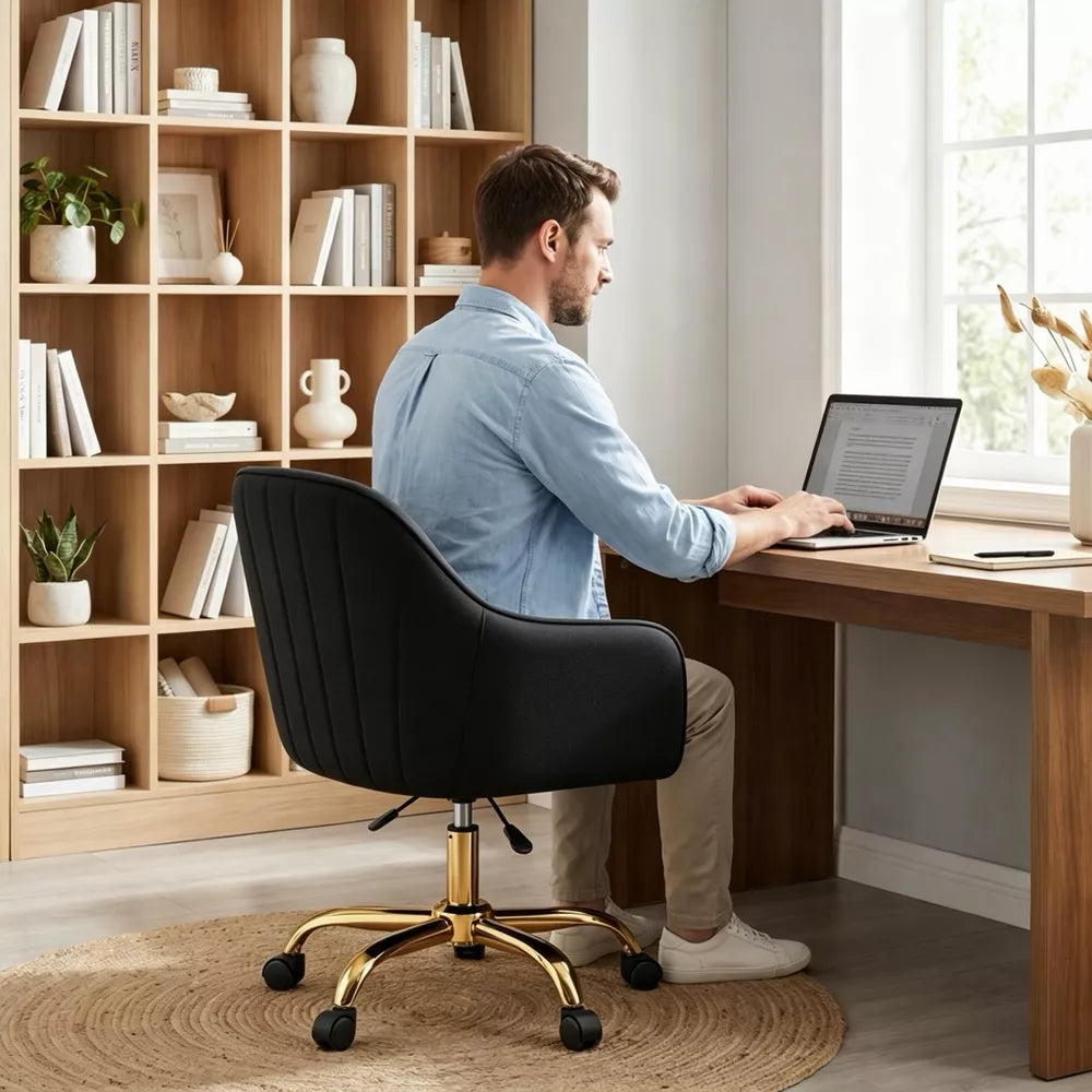 Modern Swivel Desk Chair with Wheels, Height Adjustable Vanity Chair, Upholstered Accent Office Chair with Gold Base for Bedroom, Home Office, Black