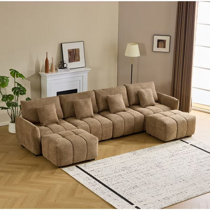 Karl Home |140 in.W Round Arm Boucle L-shaped American Tufed Sofa in Brown with Ottoman