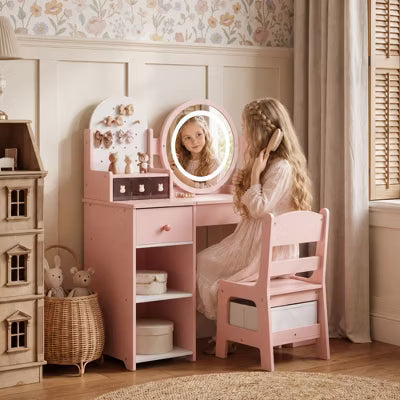 Kinder King Kids Vanity Set with Dimmable LED Mirror, Pink Makeup Table and Chair with Storage Shelves and Organizer