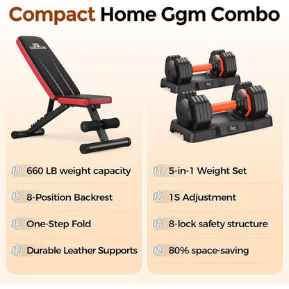 FLYBIRD Adjustable Weight Bench & Dumbbell Set,660LBS Capacity, 55lb Pair (110lbs Total) with Storage Box for Full Body Workouts