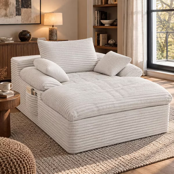 65" Oversized Boneless Chaise Lounge Chair with Side Pocket and 3 Pillows, Cloud Corduroy Chaise Reading Chair Bed Sleeper Couches for Living Room