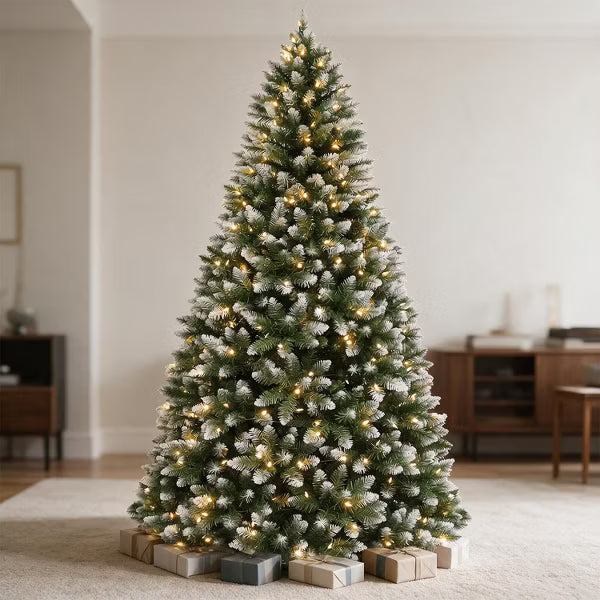 VIVATREES 6ft Prelit Christmas Tree Artificial Flocked with Warm White LED Lights Hinged Branches Metal Stand
