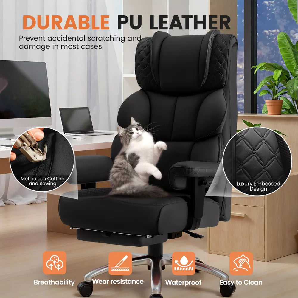 KERDOM Big & Tall Leather Chair with Footrest, Executive Chairs with Lumbar Support, Wide Ergonomic, Comfortable High-Back, 400lbs, Black