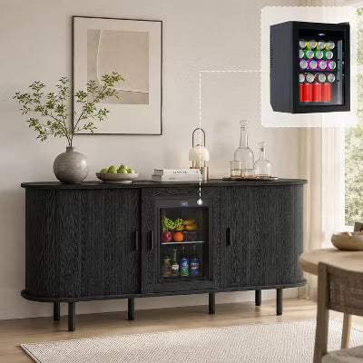 AMERLIFE 70" Coffee Bar Cabinet with Beverage Fridge, Wood Sideboard with Sliding Doors, Black