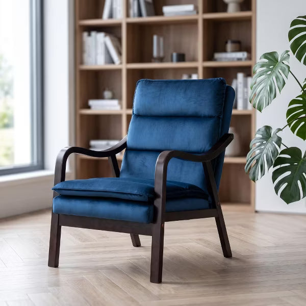 Mid-Century Modern Accent Chair with Solid Wood Frame, High Back Upholstered Reading Armchair, Padded Lounge Chair for Living Room Bedroom