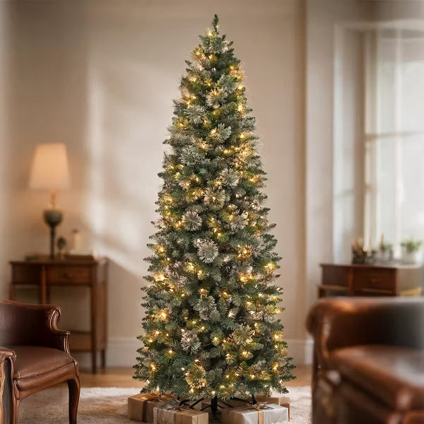 VIVATREES 7.5ft Prelit Christmas Tree Artificial Pine Needles Pencil Warm White LED Lights Metal Stand Hinged Branches for Holiday Decor