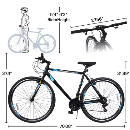 Hykolity 700C Adult Road Bike, 21-Speed Fitness Commuter Bicycle with Aluminum Alloy Frame, Flat Handlebar, Front & Rear V-Brakes, White