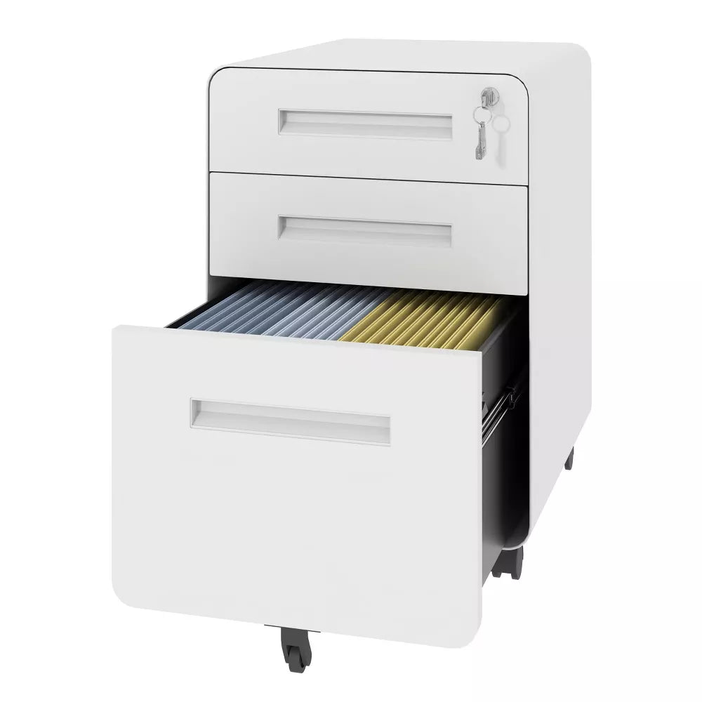VIYET 3 Drawer Mobile File Cabinet with Lock, Fully Assembled Steel Filing Cabinet on Wheels, Holds A4 & Letter Files
