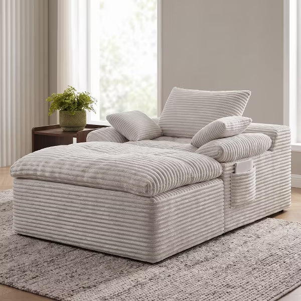 65" Oversized Boneless Chaise Lounge Chair with Side Pocket and 3 Pillows, Cloud Corduroy Chaise Reading Chair Bed Sleeper Couches for Living Room