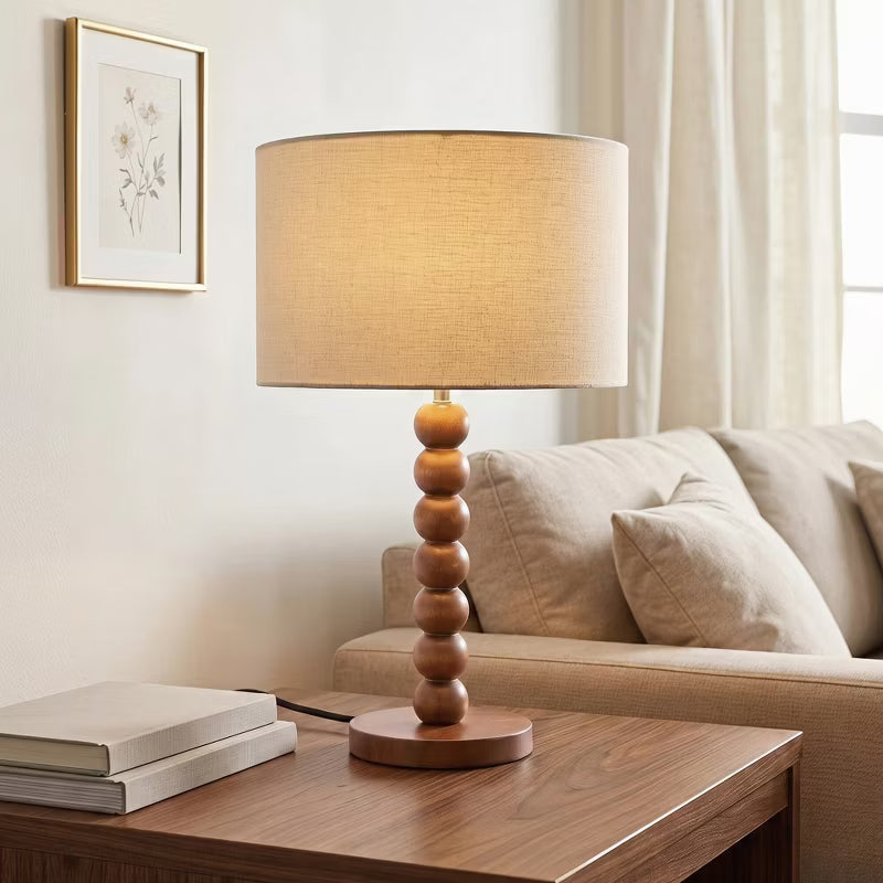 Walnut Wood Ball Table Lamp with Beige Shade, Mid-Century Modern Wooden Bedside Lamp, Natural Walnut Globe Desk Light for Bedroom Living Room Decor