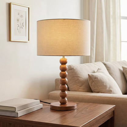 Walnut Wood Ball Table Lamp with Beige Shade, Mid-Century Modern Wooden Bedside Lamp, Natural Walnut Globe Desk Light for Bedroom Living Room Decor