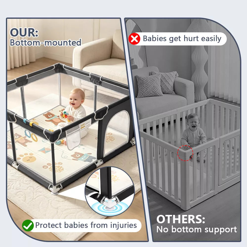 Kmaier Soft Padded Baby Playpen With Mat,Safe And Sturdy Design,Breathable Mesh,Portable For Indoor And Outdoor Use,Grey