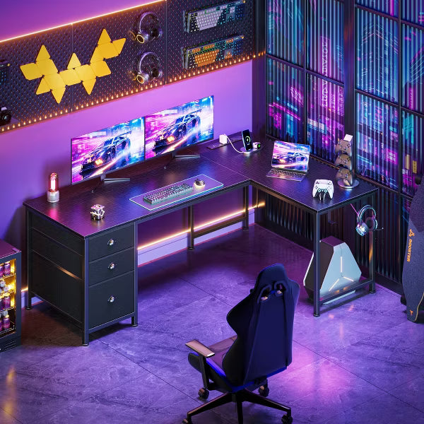 Qwatto 55 Inch L Shaped Gaming Desk Black Computer Corner Table with Power Outlets USB C Ports File Fabric Drawers Large Storage for Writing Bedrooms