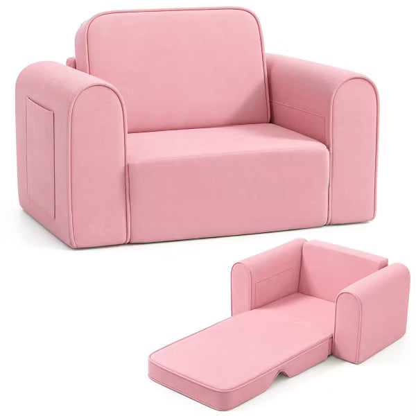 Kinder King 2-in-1 Kids Couch, Fold-Out Toddler Sofa Chair for Reading, Lounging & Playroom Use, Pink