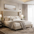 AMERLIFE Full Upholstered Platform Bed with Tall Wingback Headboard, Linen Fabric, Brown