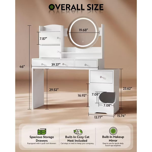 TYBOATLE Modern Makeup Vanity Desk with LED Lights and Charging Station, Small Vanity Desk with Cat Hole and Multi-Tier Storage Shelves, White