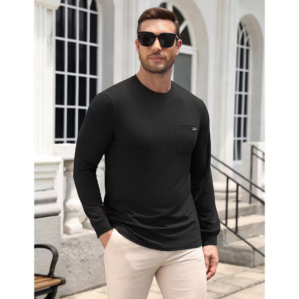 COOFANDY Men's Soft Stretch Long Sleeve T-Shirt Lightweight Crewneck Tee for Everyday Casual Wear-Black-S
