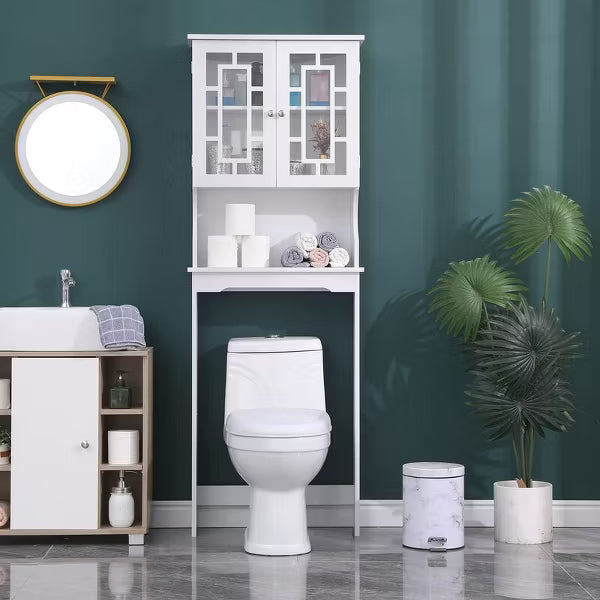 Erommy Over-The-Toilet Storage, Wooden Bathroom Organizer, with 2 Glass Doors & Adjustable Shelf for Bathroom, White
