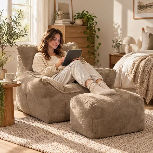 Soft Bean Bag Chair & Ottoman Set of 2, Tufted Lounge Recliner & Accent Chair for Adults and Kids, Lazy Sofa for Bedroom, Living Room, Dorm, Apartment