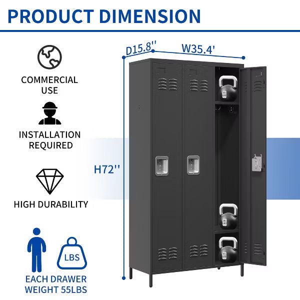 VIYET 72" 3 Door Metal Locker Storage Cabinet with Locks, Freestanding Employee Locker for Office, School, Gym, Garage & Home, Black