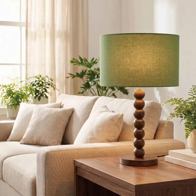 Walnut Wood Ball Table Lamp Green Shade, Walnut Sphere Accent Lamp, Green Shade Wooden Desk Lamp for Bedroom Study Living Room