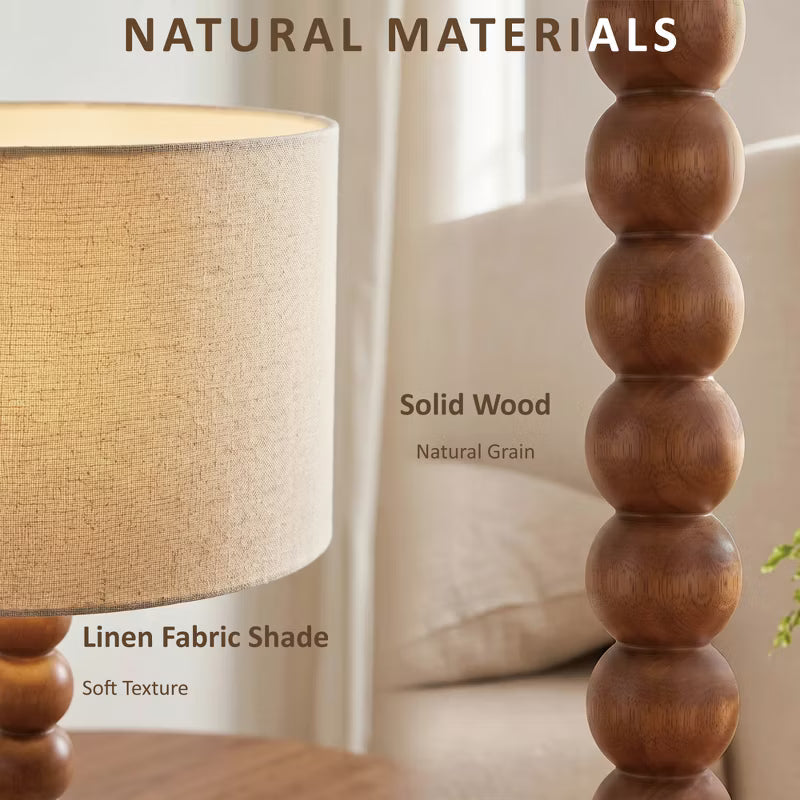 Walnut Wood Ball Table Lamp with Beige Shade, Mid-Century Modern Wooden Bedside Lamp, Natural Walnut Globe Desk Light for Bedroom Living Room Decor