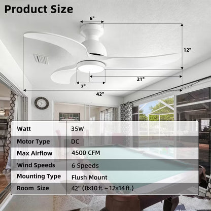 Wanze of Ocean 42 in. 3-Blade Smart Wood Ceiling Fan with Light and Remote, 3-Color Dimmable, Reversible DC Motor, Flush or Downrod Mount, White