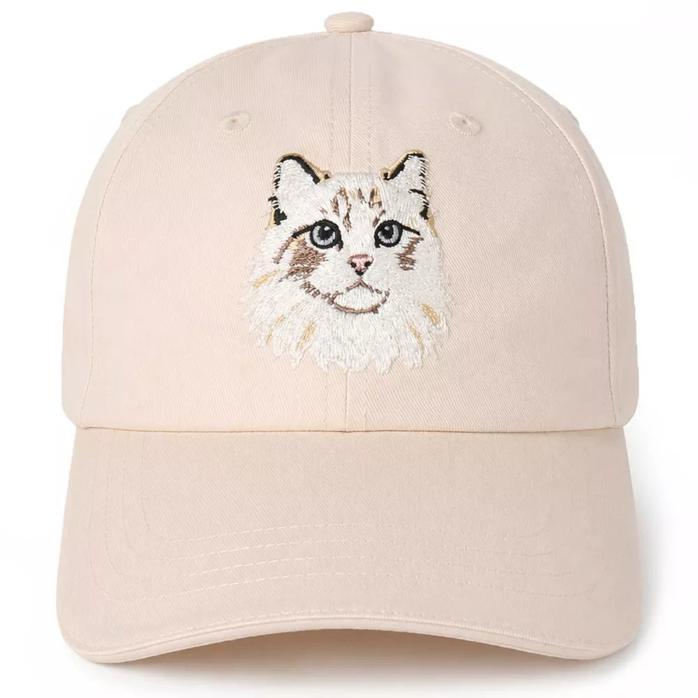 mysuntown Cat Embroidered Baseball Cap, Unisex Cotton Low Crown Adjustable Dad Hat, Cute Cat Lover Gift for Women & Men, Cream
