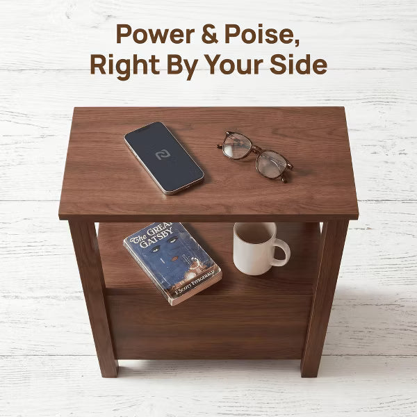 End Table with Charging Station, Side Table with USB & Outlets, 2 Drawers, Small Wood Bedside Table, Rustic Modern End Table with Drawer