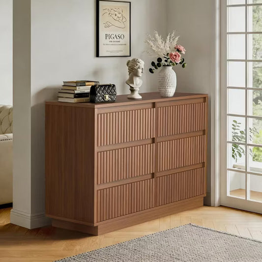 KOLIGEY 6-Drawer Dresser 47"W Double Black Dresser With Waveform Fluted Panel