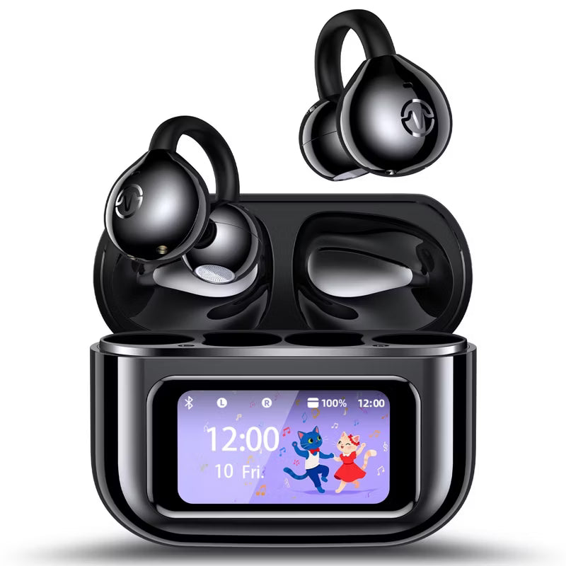 Open Ear Clip-On Earbuds, LCD Touch Screen,Bluetooth 5.4 Sports Earphones,ENC Call Noise Cancelling Earphones with Mic,Ear Clip Earbuds
