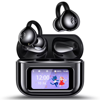 Open Ear Clip-On Earbuds, LCD Touch Screen,Bluetooth 5.4 Sports Earphones,ENC Call Noise Cancelling Earphones with Mic,Ear Clip Earbuds