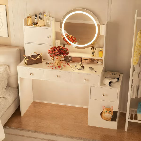 TYBOATLE Modern Makeup Vanity Desk with LED Lights and Charging Station, Small Vanity Desk with Cat Hole and Multi-Tier Storage Shelves, White