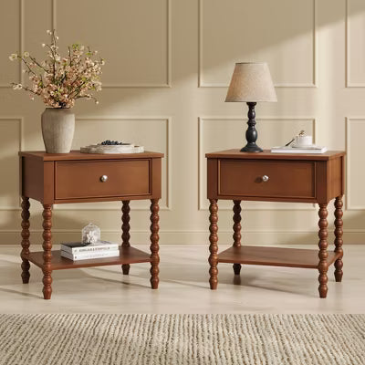 AMERLIFE Nightstand Set of 2 with Drawer and Open Shelf, Solid Wood Bedside Table with Storage, Spindle Legs, Brown