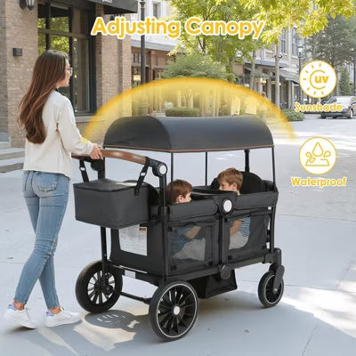 Kinder King All-Terrain Stroller Wagon for 2 Kids with Canopy, Shock-Absorbing Wheels, Storage Bag, Snack Tray & Adjustable Leather Handle, Black