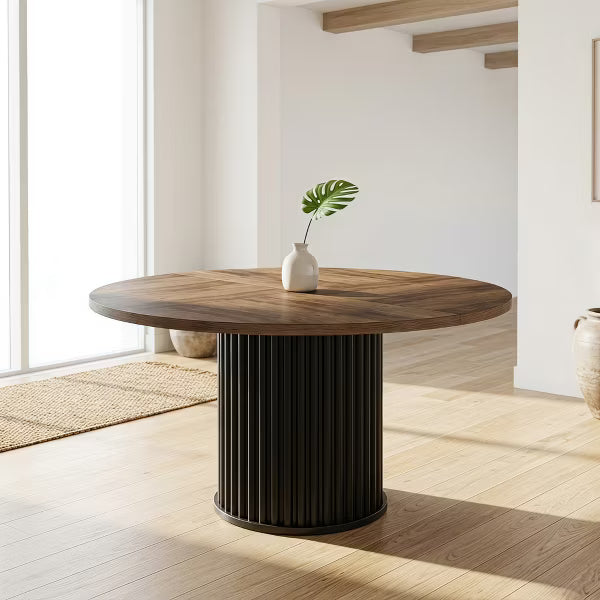 47" Farmhouse Round Dining Table, Rustic Wood Kitchen Table with Modern Black Fluted Pedestal Base for 6 for Dining Room, Walnut