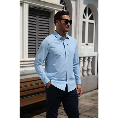 COOFANDY Men's Stretch Long Sleeve Snap-Front Shirt with Zip Chest Pocket-Clear Blue-S