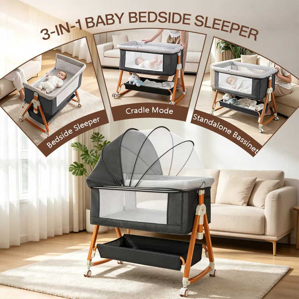 3-in-1 Baby Bassinet Bedside Sleeper Foldable Rocking Cradle with Wheels and Storage,Dark Grey