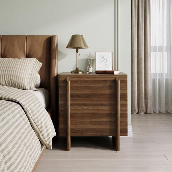 Walnut Nightstand with 2 Drawers, Mid-Century Modern Bedside Table with Rounded Corners and Wood Handles for Bedroom, Living Room
