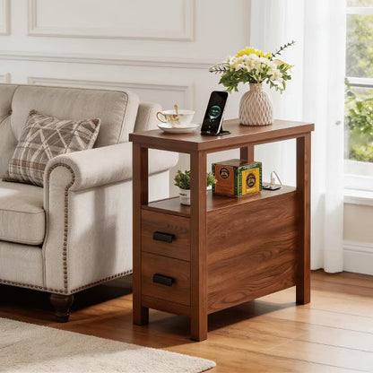End Table with Charging Station, Side Table with USB & Outlets, 2 Drawers, Small Wood Bedside Table, Rustic Modern End Table with Drawer