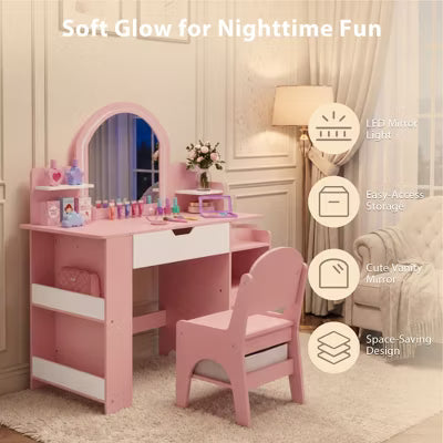 Kinder King Kids Vanity Table and Chair Set with LED Lighted Mirror, Pink Makeup Desk with Drawer and Shelves