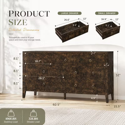 AMERLIFE 7 Drawer Dresser, 60.6" Wide Storage Chest, High Gloss Wood Organizer, Brown