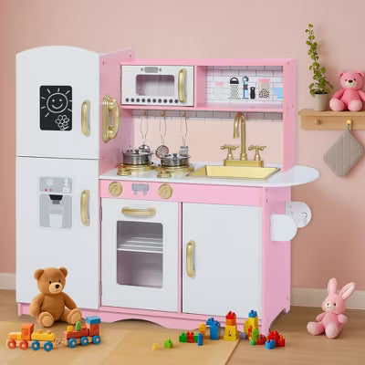 Kinder King Wooden Kids Play Kitchen, Toy Kitchen Playset for Toddler, Pretend Oven, Microwave, Realistic Kitchen Sets for Boys Girls Age 3+, Gold