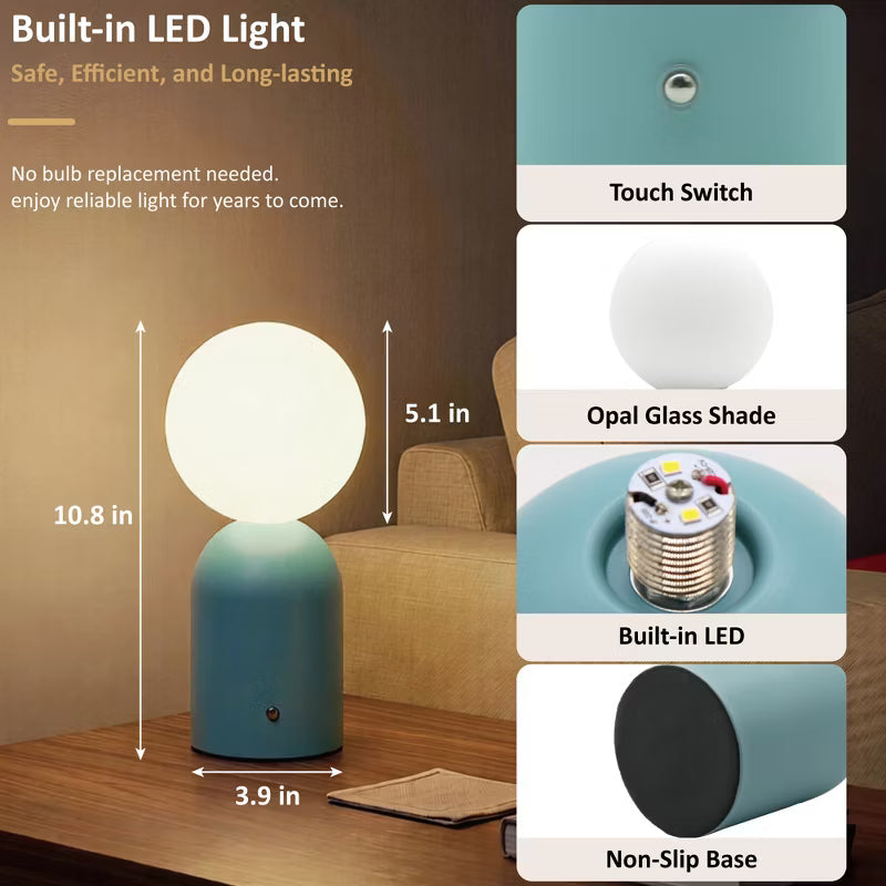 Opal White Glass Shade Blue Metal Base Rechargeable Table Lamp, Nordic Style Cordless Bedside Lamp, Calming Blue LED Light for Living Room Study