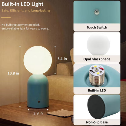 Opal White Glass Shade Blue Metal Base Rechargeable Table Lamp, Nordic Style Cordless Bedside Lamp, Calming Blue LED Light for Living Room Study