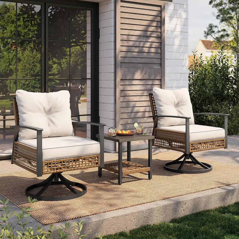 LAUSAINT HOME 3 Pieces Swivel Rocking Bistro Set Wicker Patio Bistro Set with 2 Swivel Rocking Chairs and 1 Coffee Table
